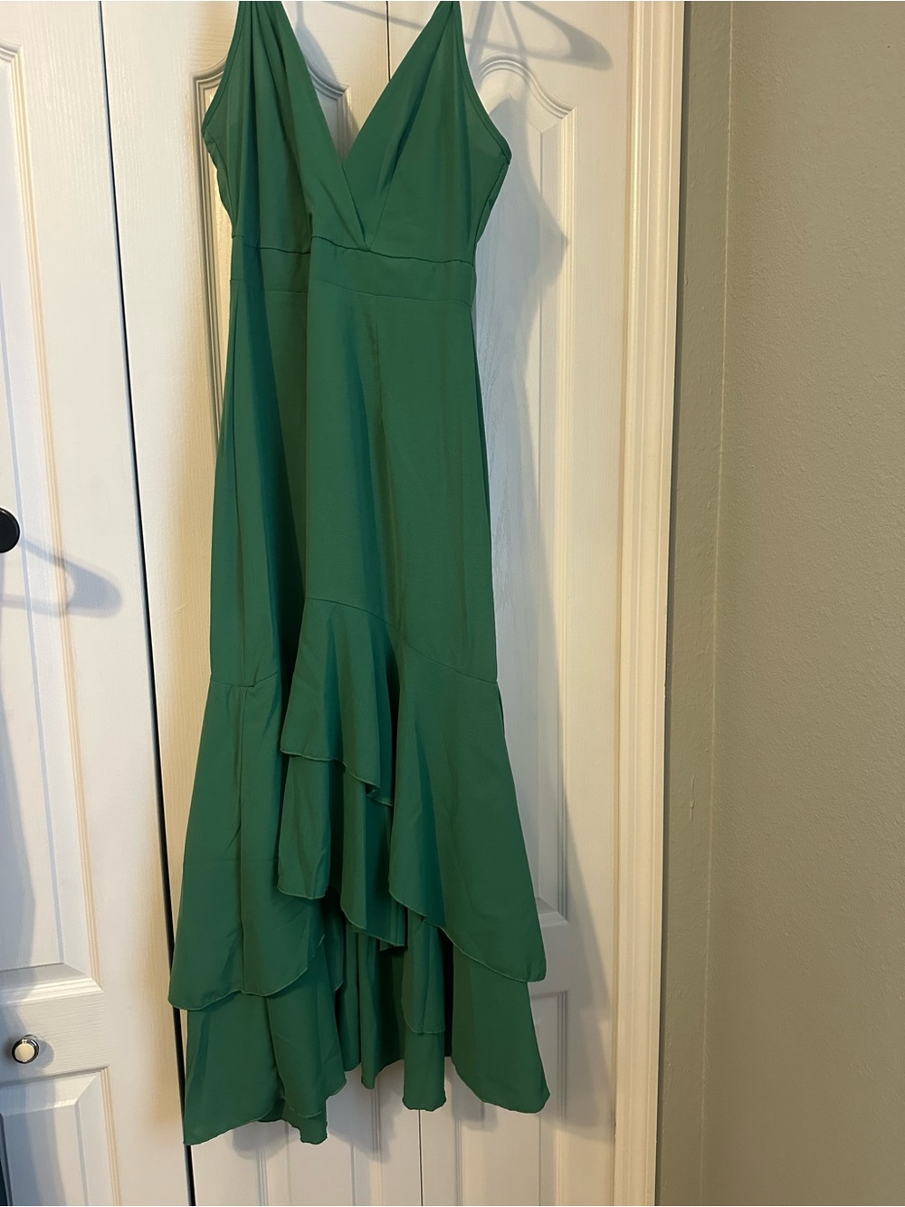 Green V-Neck High-Low Ruffle Dress